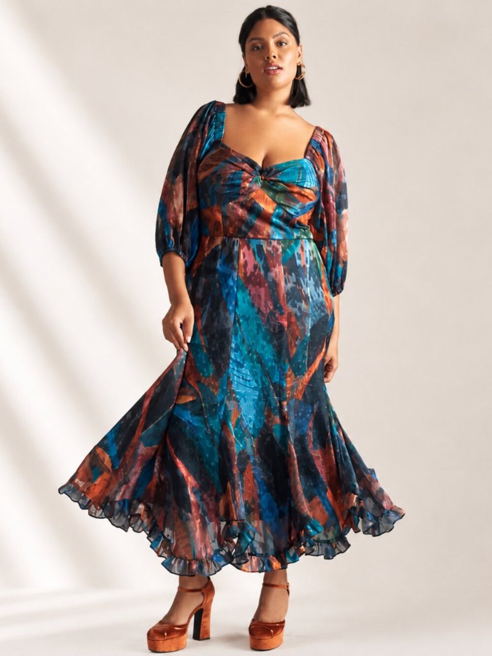 Hutch Twist Front Puff Sleeve Ruffle Hem Dress Blue Motif 2P NWT